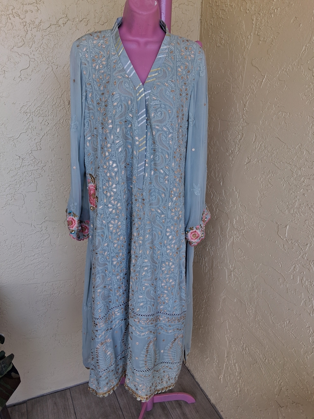Embroidered Light Blue Long Women's Dress Rose Details
